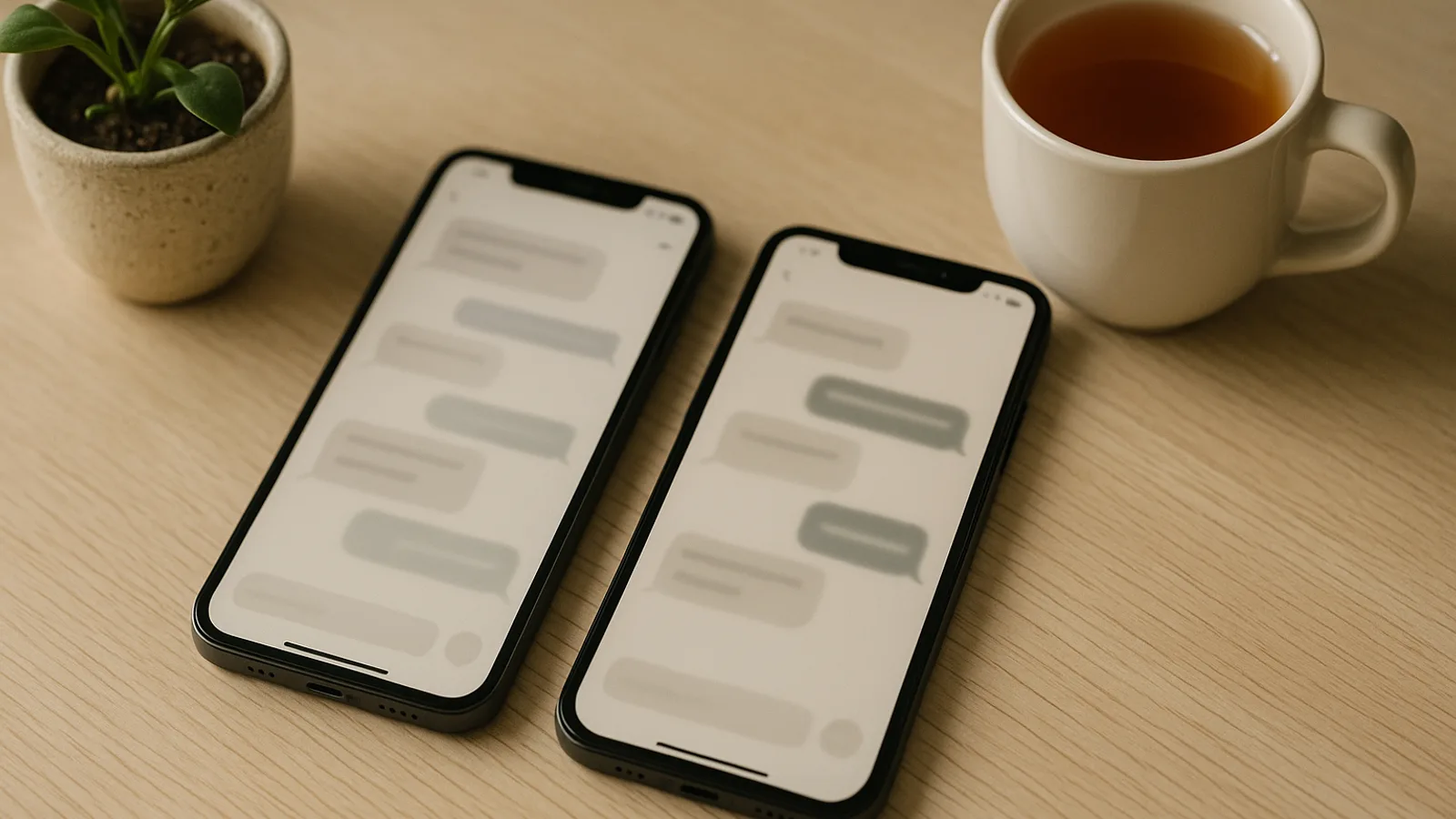 Two smartphones side by side on a table showing abstract chat conversations