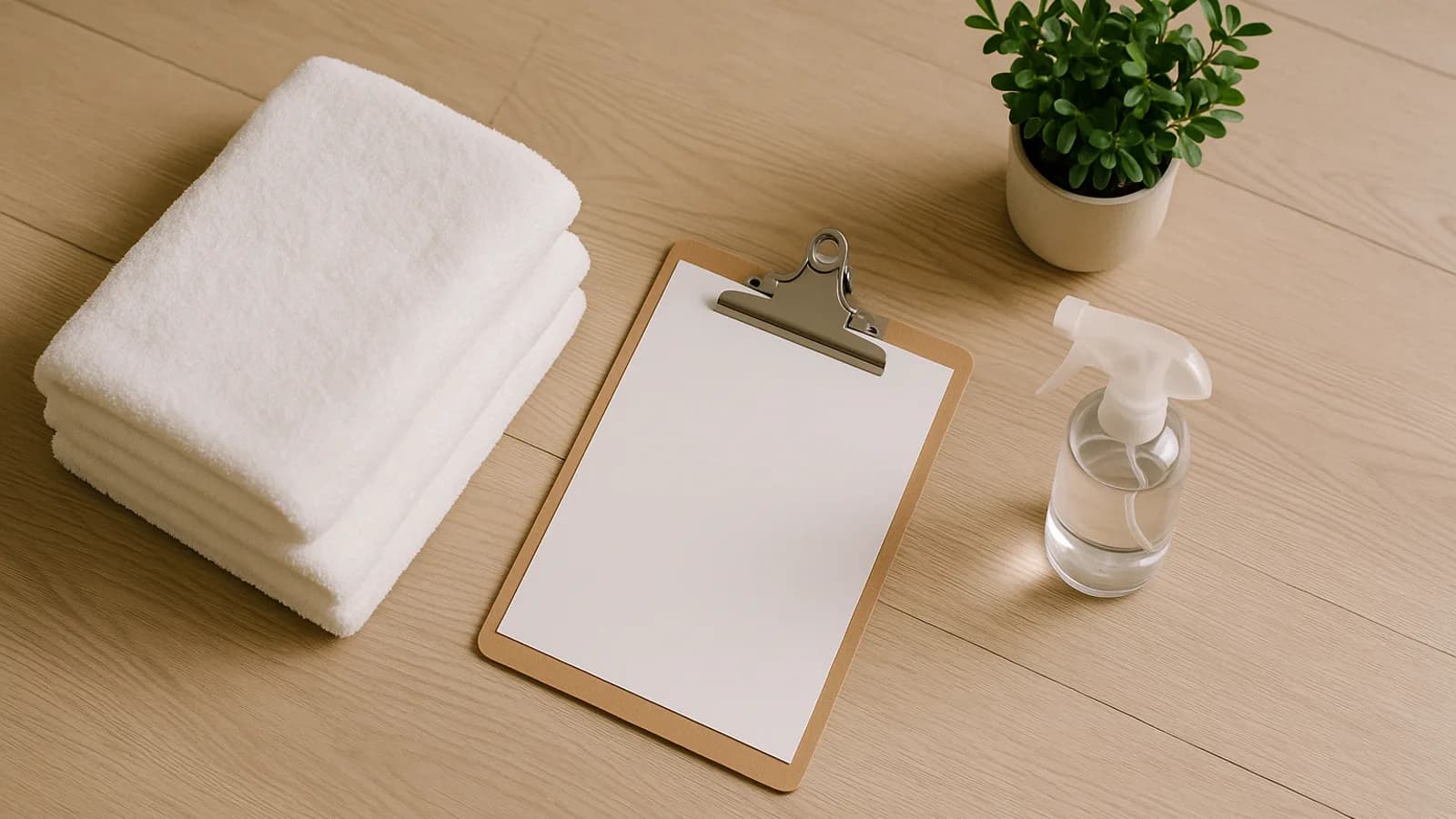 Overhead view of a tidy turnover cleaning kit with folded towels and a clipboard