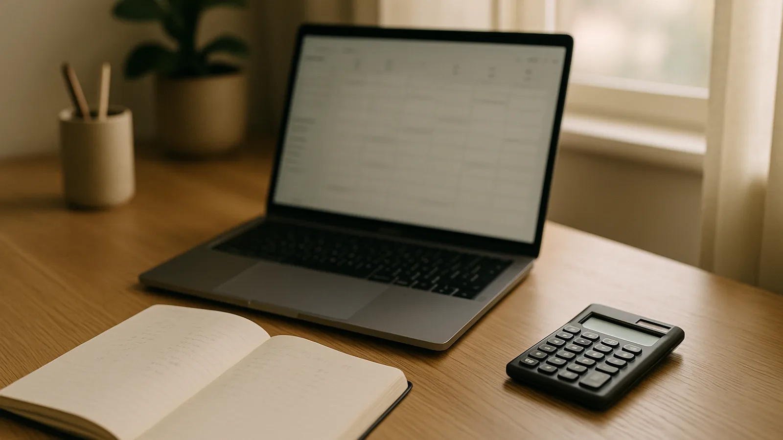 A host's desk with a laptop showing a blurred calendar, a notebook with handwritten numbers and a calculator