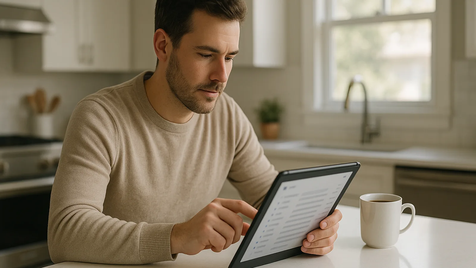 A host answering guest messages on a tablet in a kitchen