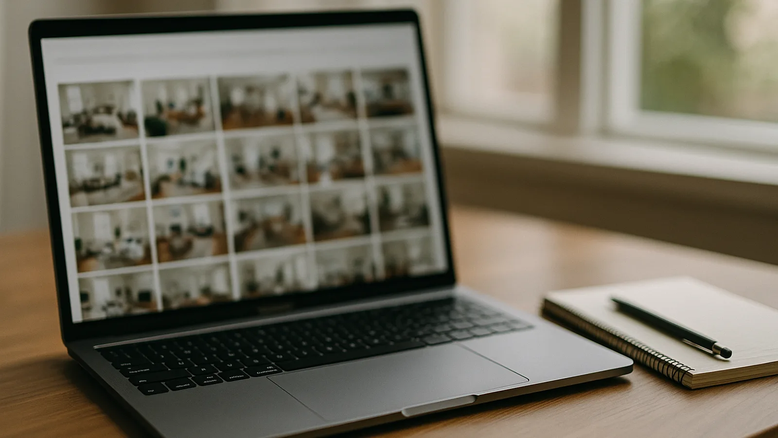 A laptop on a desk with a photo grid of room images beside a notebook