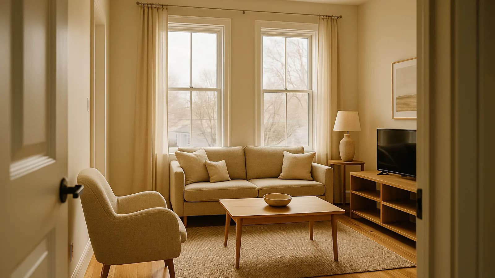 A bright living room in a vacation rental photographed from the doorway with natural light