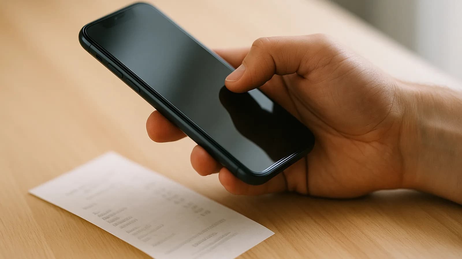 A phone photographing a receipt on a desk next to a coffee mug
