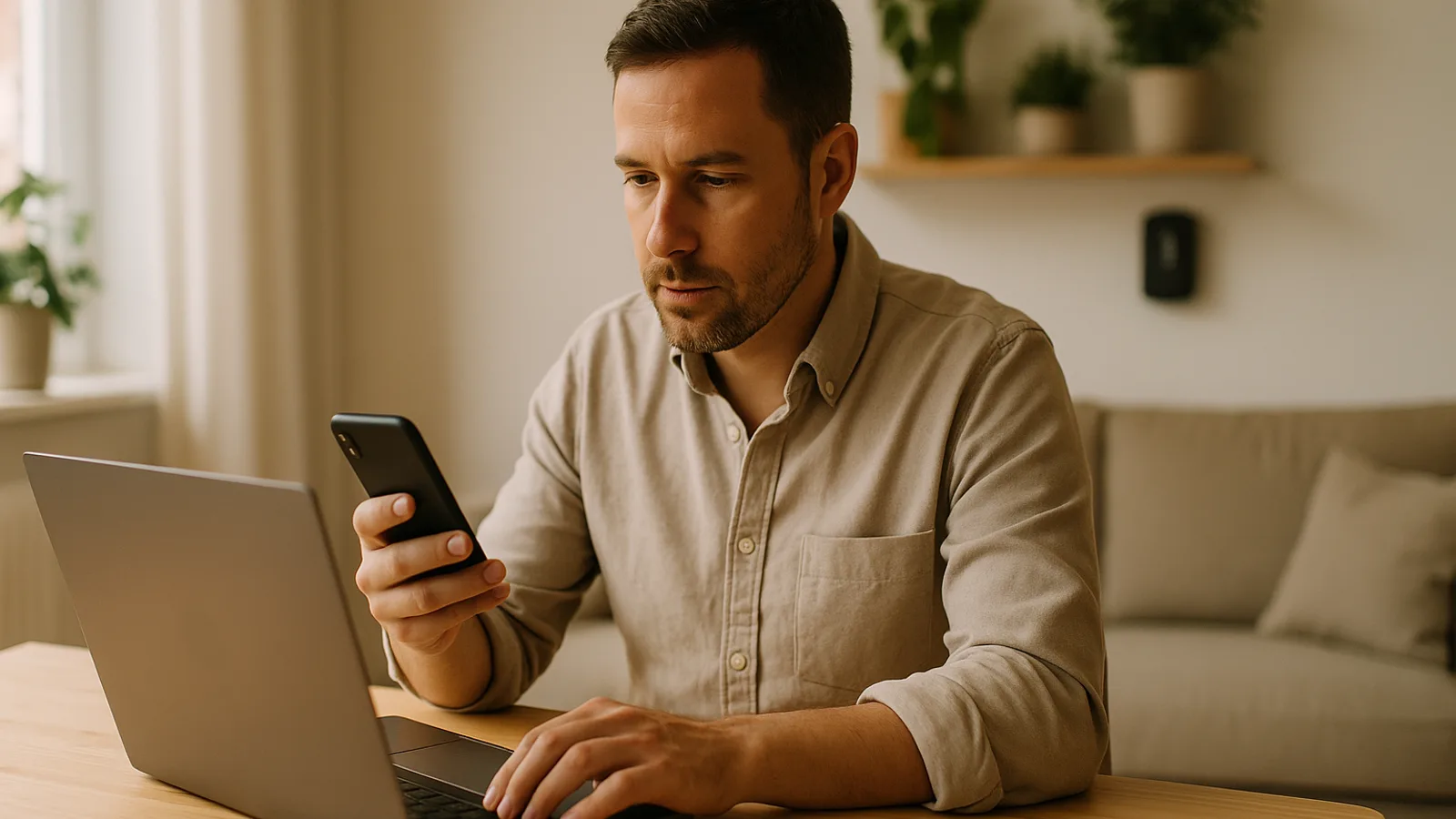 A host reviewing a vacation rental calendar and guest inbox on a laptop in a bright living room