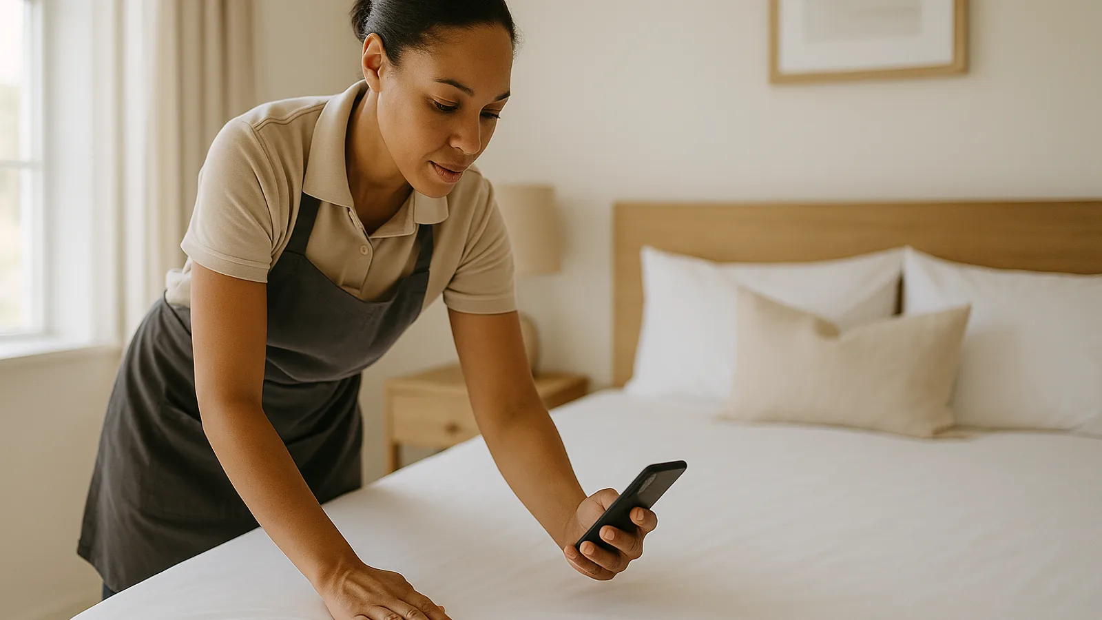 A cleaner making a bed in a bright vacation rental bedroom while checking a task list on a phone