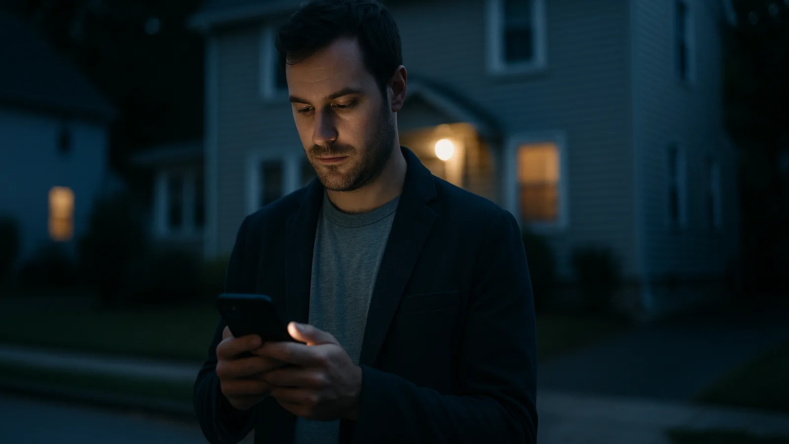 A host reading a phone notification on a quiet street at night