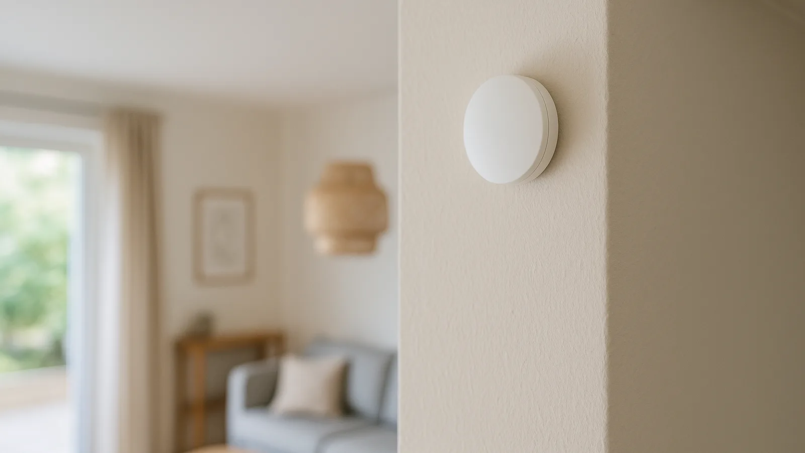 A small round sensor on a living room shelf near a window