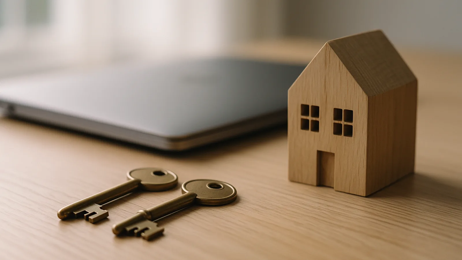 Keys and a small house model on a desk beside a laptop