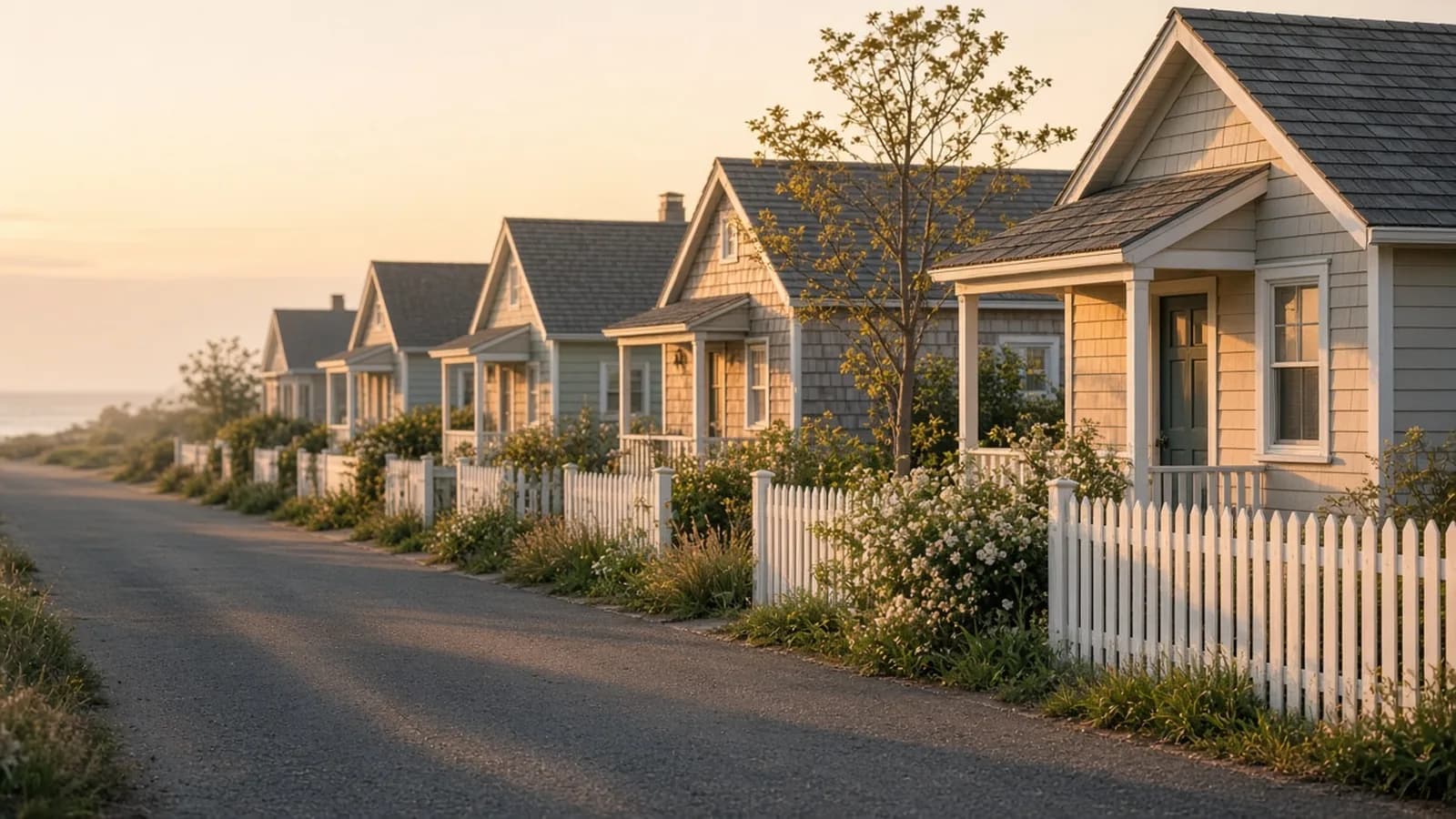 A row of small rental homes along a coastal street at golden hour
