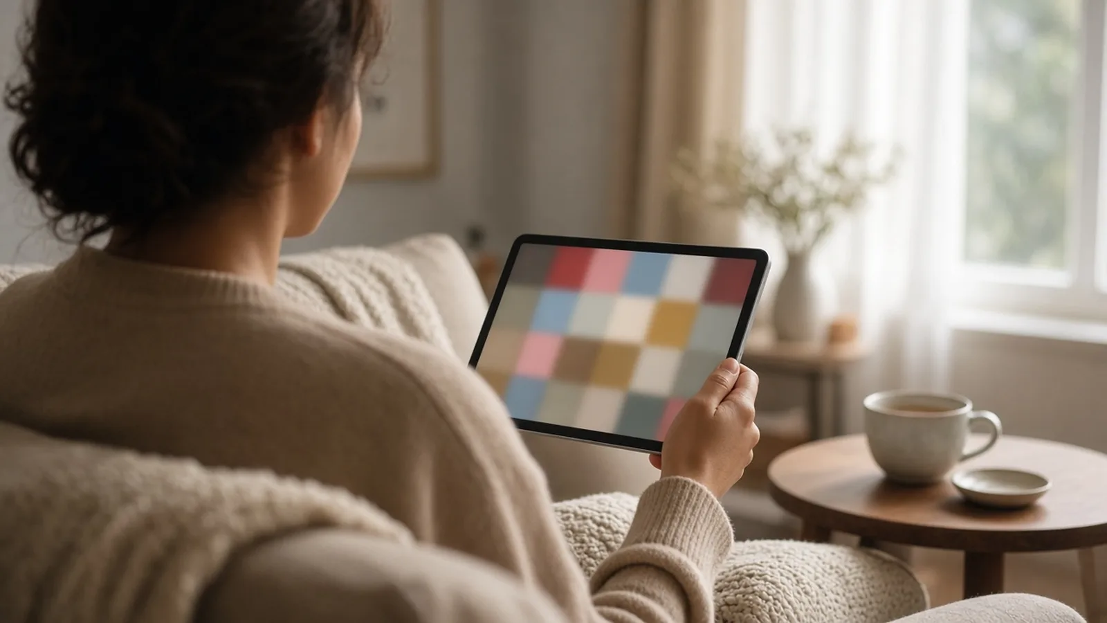 Person on a cozy sofa, seen from behind, holding a tablet showing colored squares, with a cup of tea on a side table