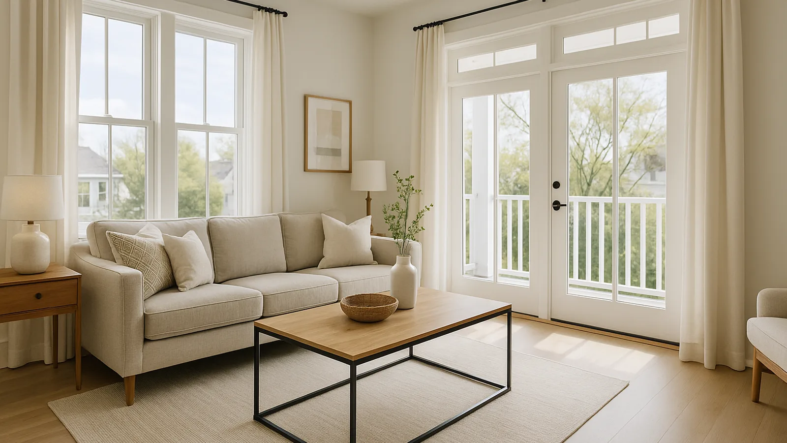 A bright vacation rental living room photographed for a booking website