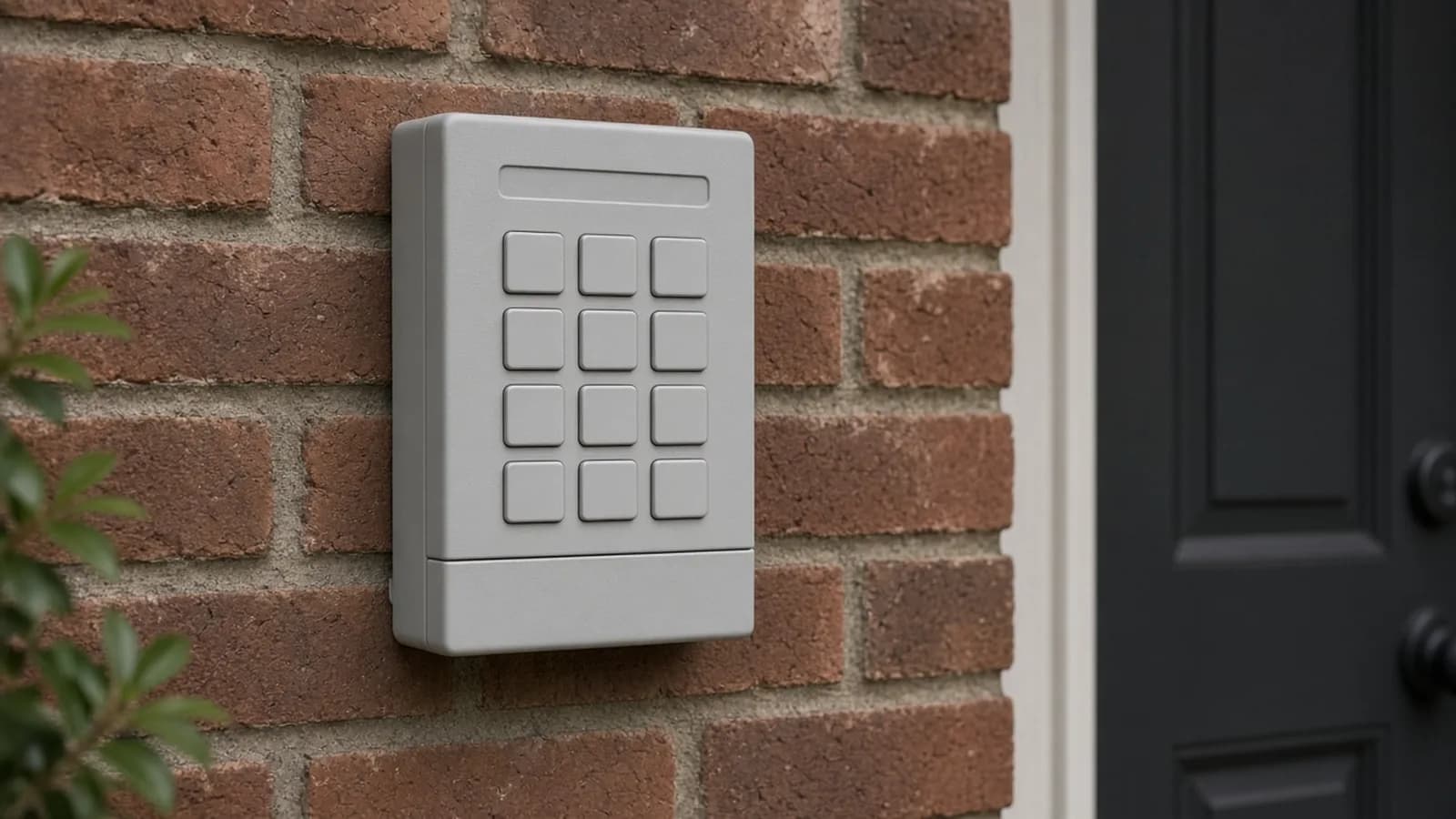A small lockbox mounted beside a doorway on a brick wall