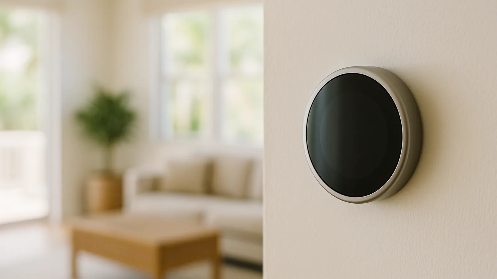 A round smart thermostat on a living room wall