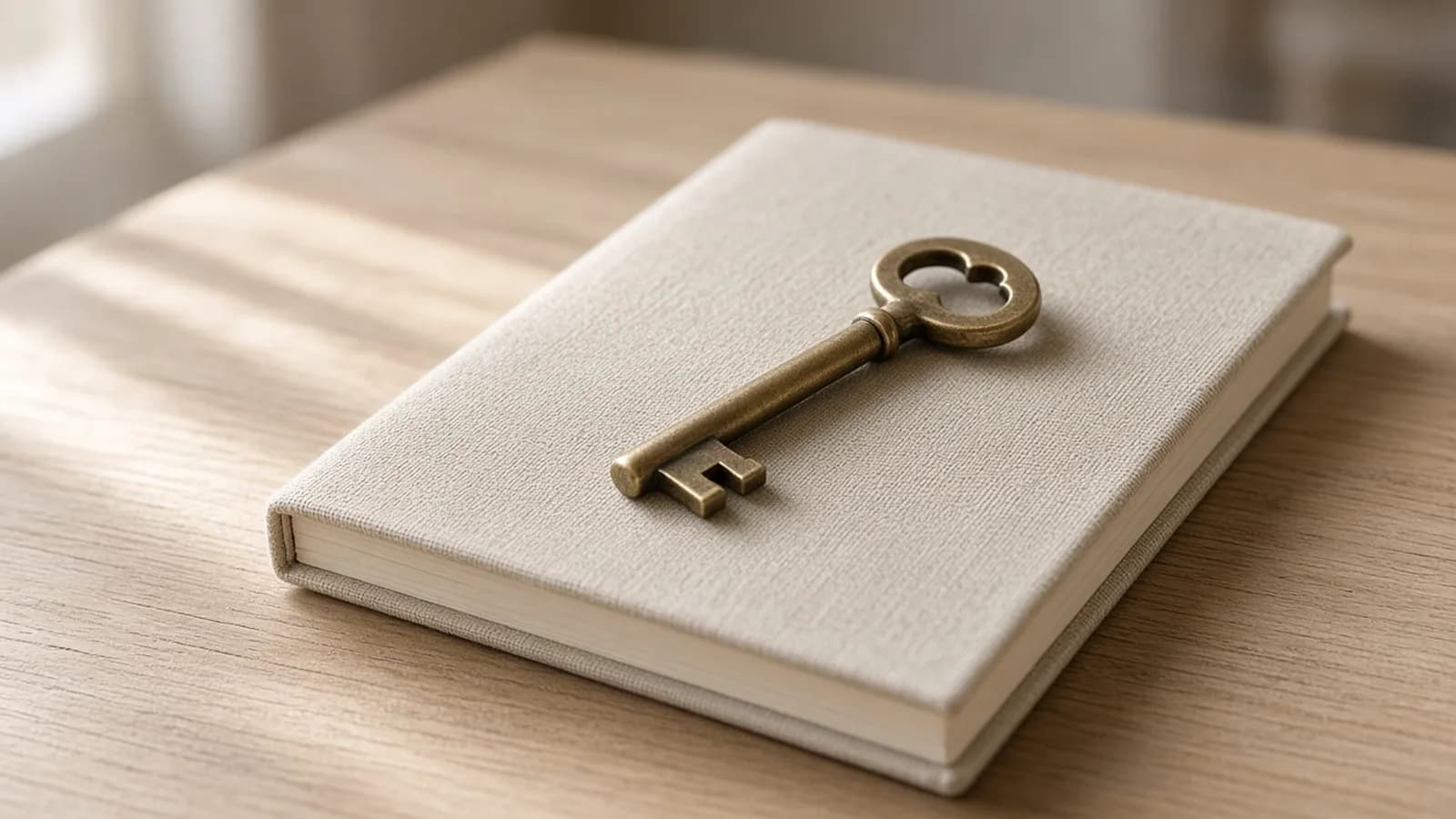 A key on a table beside a closed notebook, suggesting a human keeping control of access