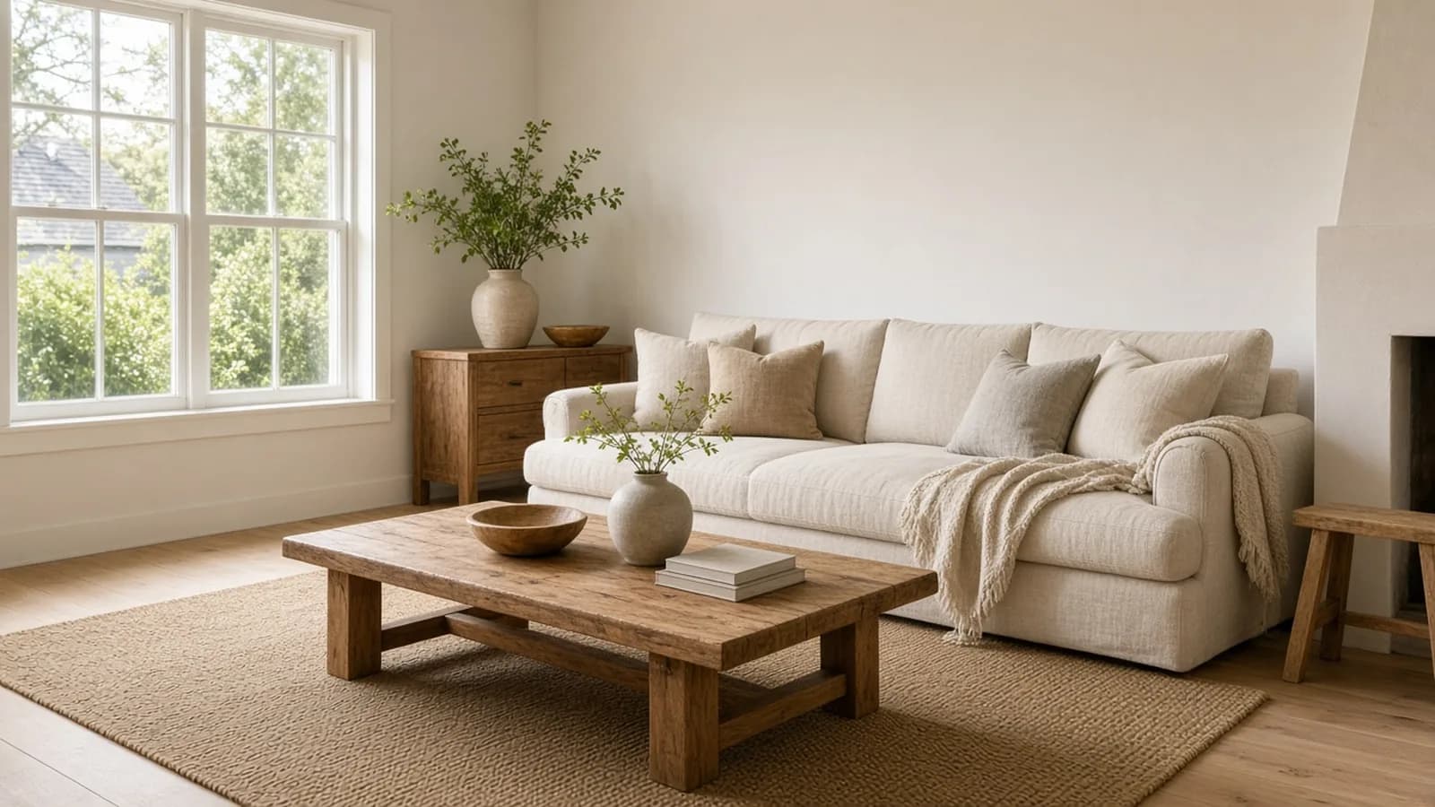 Bright, staged vacation rental living room, ready for guests