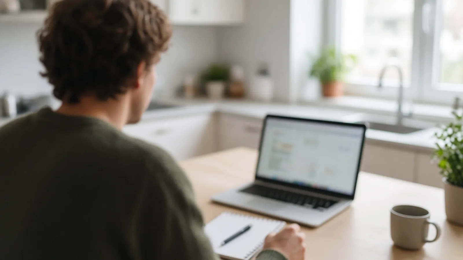 A host reviewing a check-in checklist on a laptop at a kitchen table