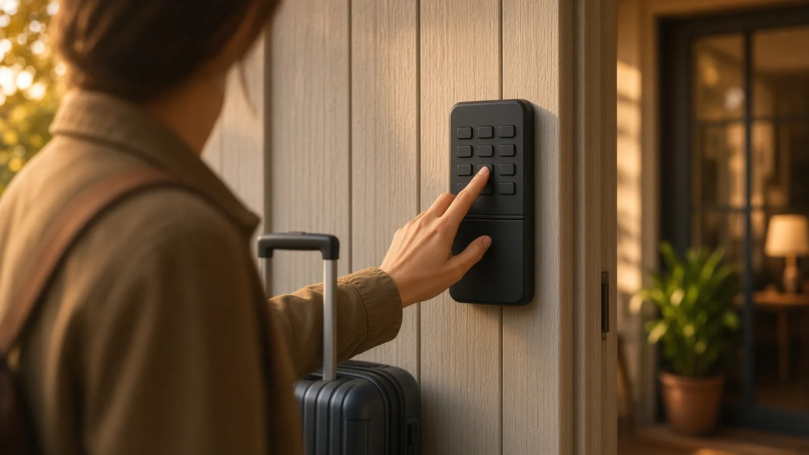 Traveler with a suitcase pressing buttons on a black wall keypad beside a front door in golden-hour light