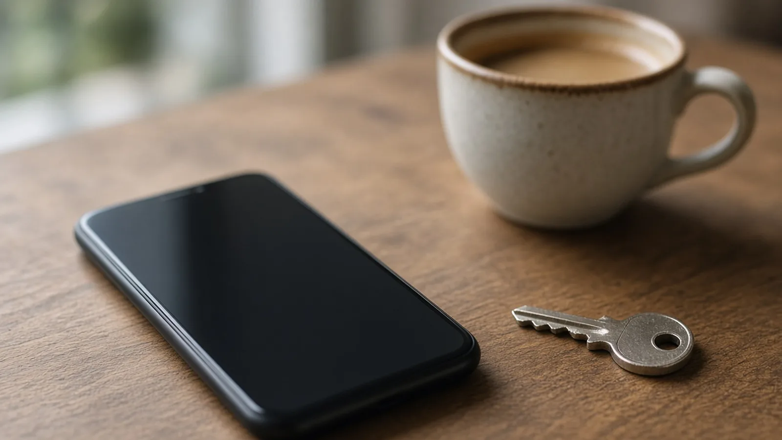 A smartphone resting on a table beside a house key and a cup of coffee