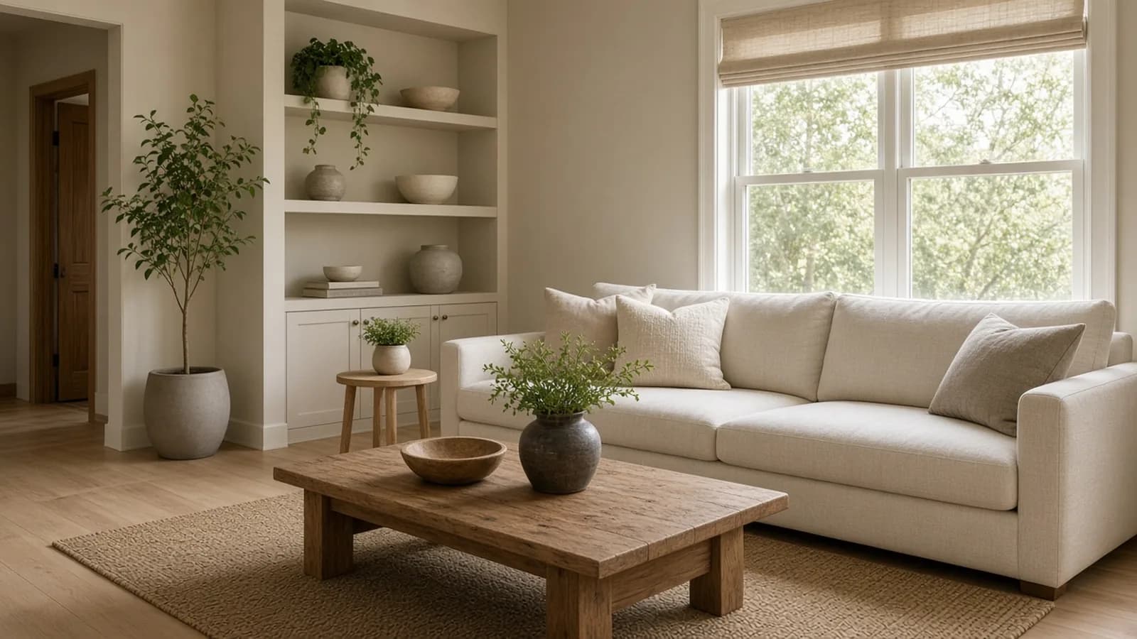 A bright vacation rental living room photographed with natural light