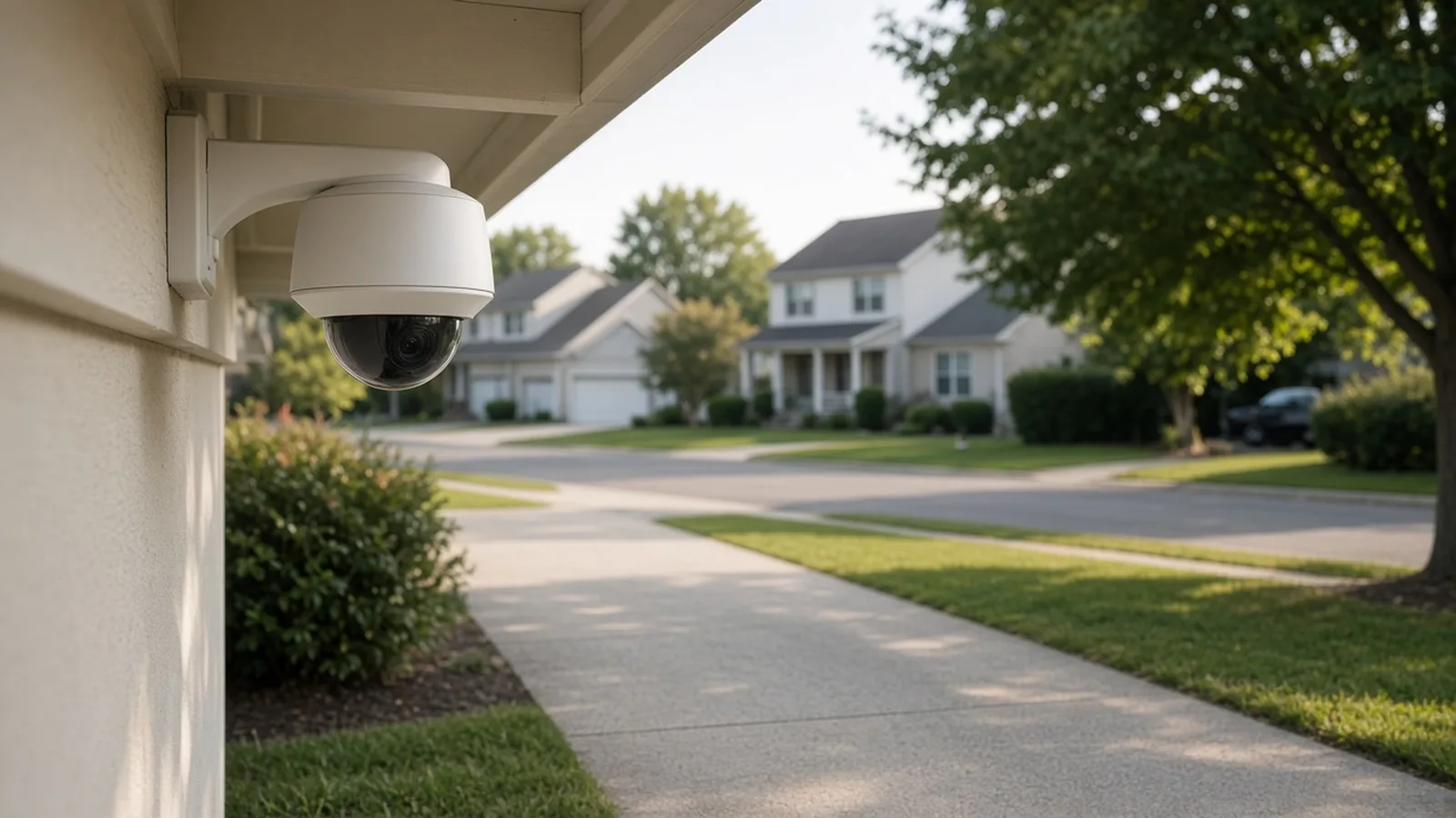 An exterior wire-free camera mounted under a porch roof facing a driveway