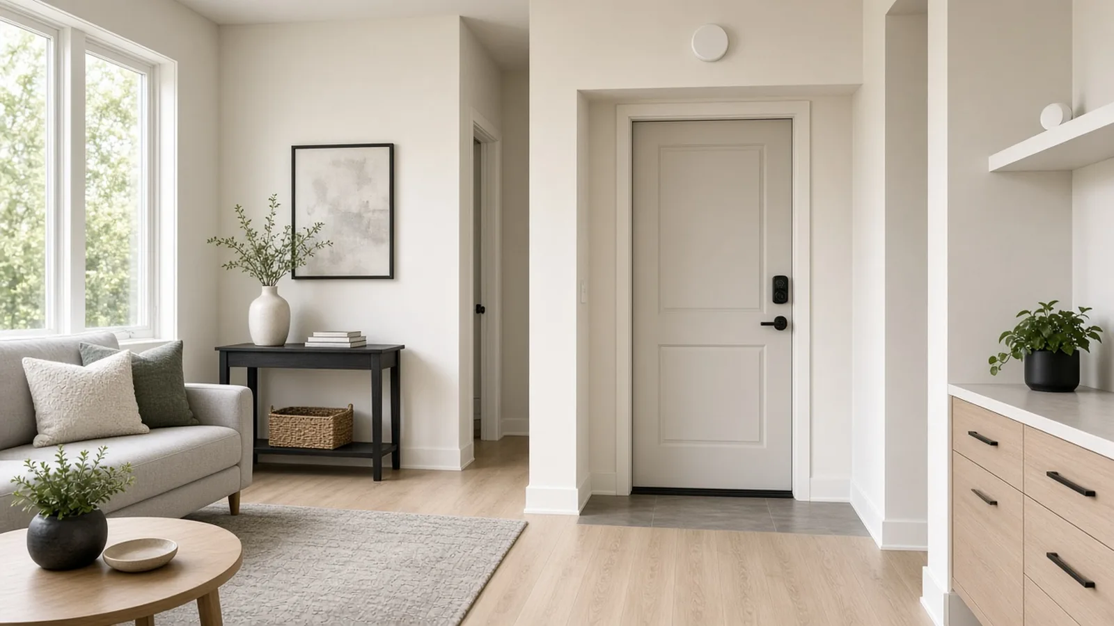 Bright minimalist living room facing a front door with a keypad deadbolt and a small round sensor on the ceiling