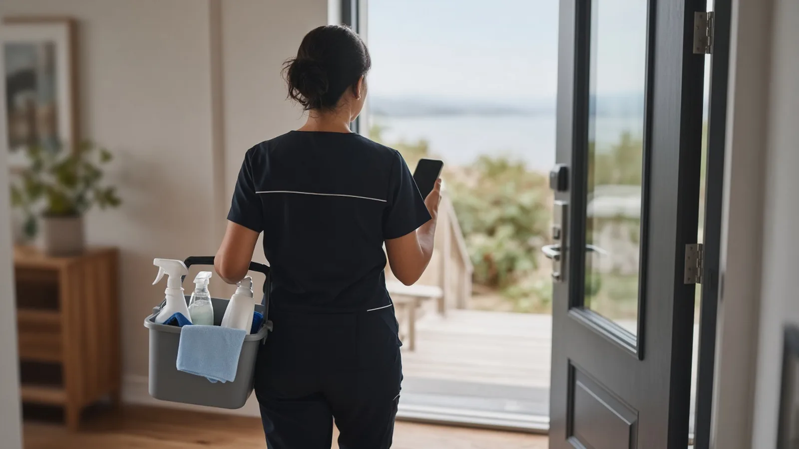 Cleaner seen from behind at an open front door holding a phone and a caddy of cleaning supplies