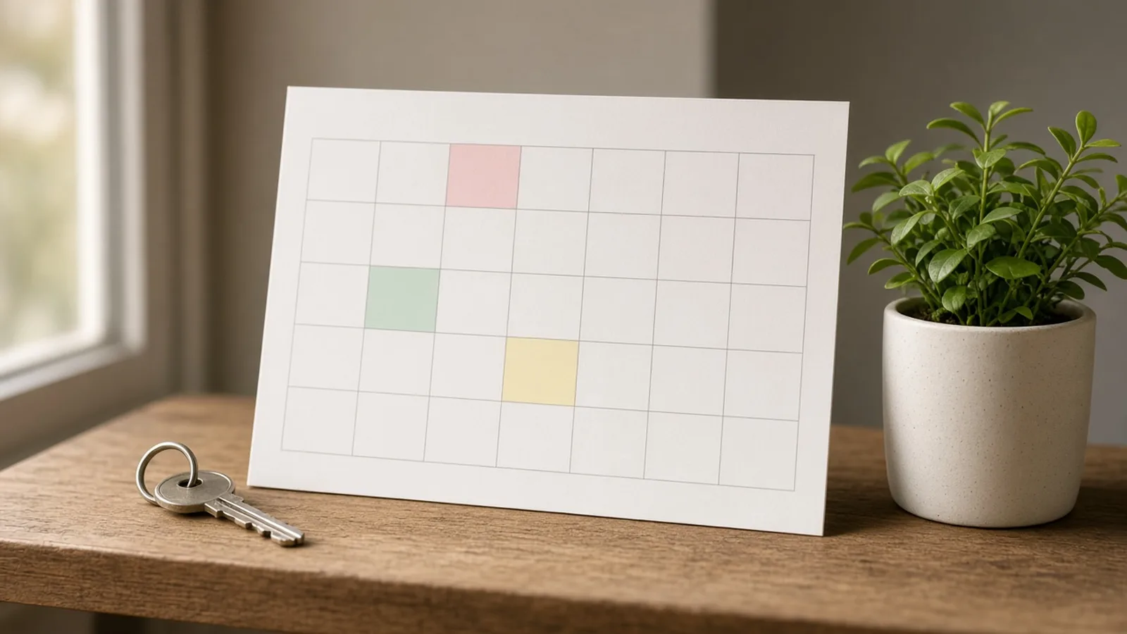 A wall calendar with some dates highlighted next to a house key and a small plant