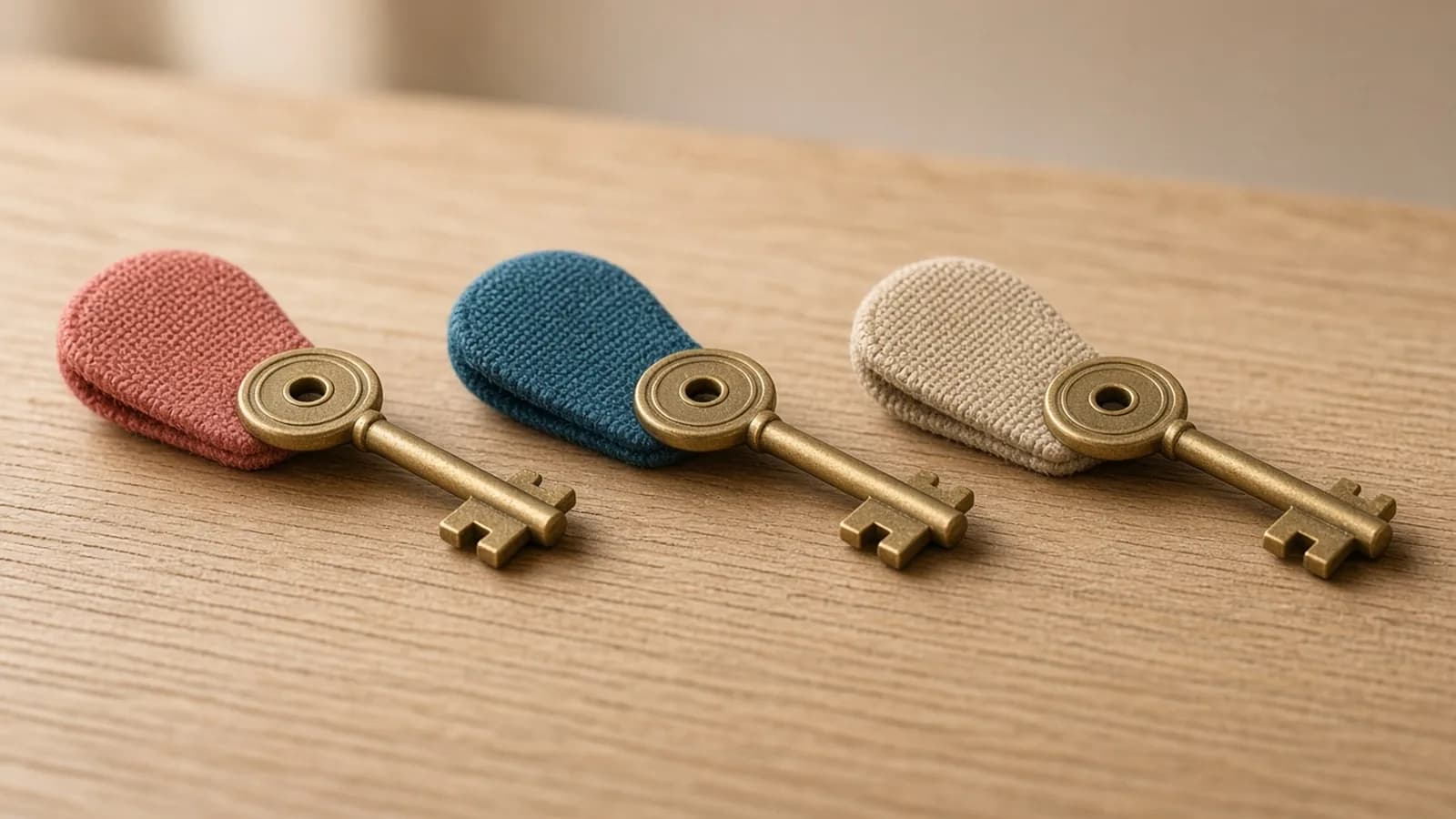 Three coloured key tags laid side by side on a wooden table to represent three booking channels