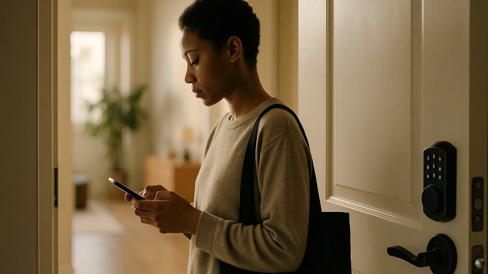 A host reviewing messages on a phone at an entryway with a lockbox