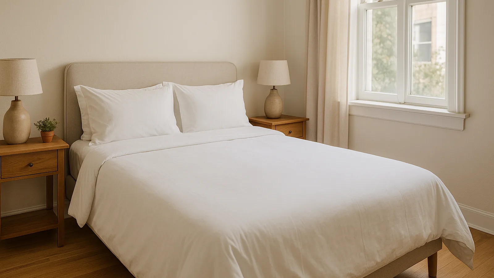 A cozy rental bedroom made up with fresh linens in morning light