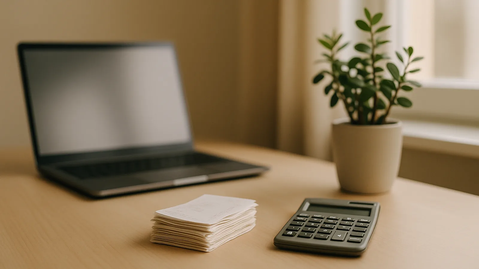A host reviewing receipts and a laptop at a tidy home-office desk