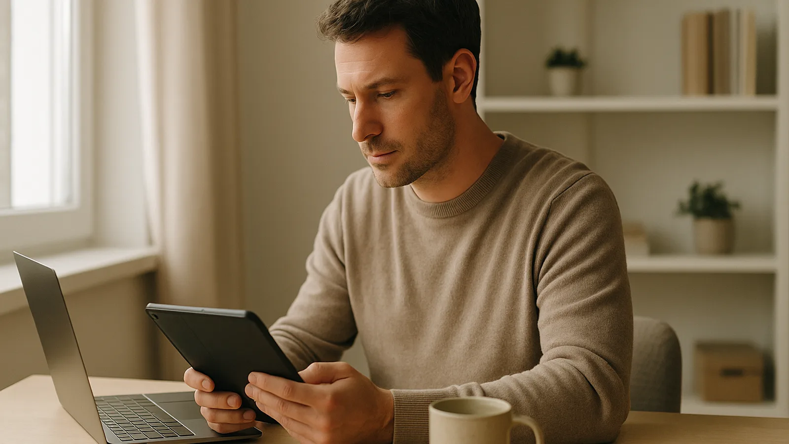 A host reviewing a guest verification result on a tablet at a desk beside a laptop