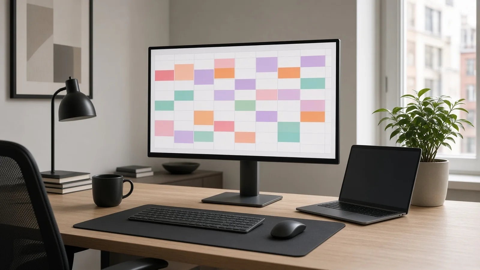 Desk with a large monitor showing a grid of pastel colored blocks, a laptop, black mug and potted plant by a bright window