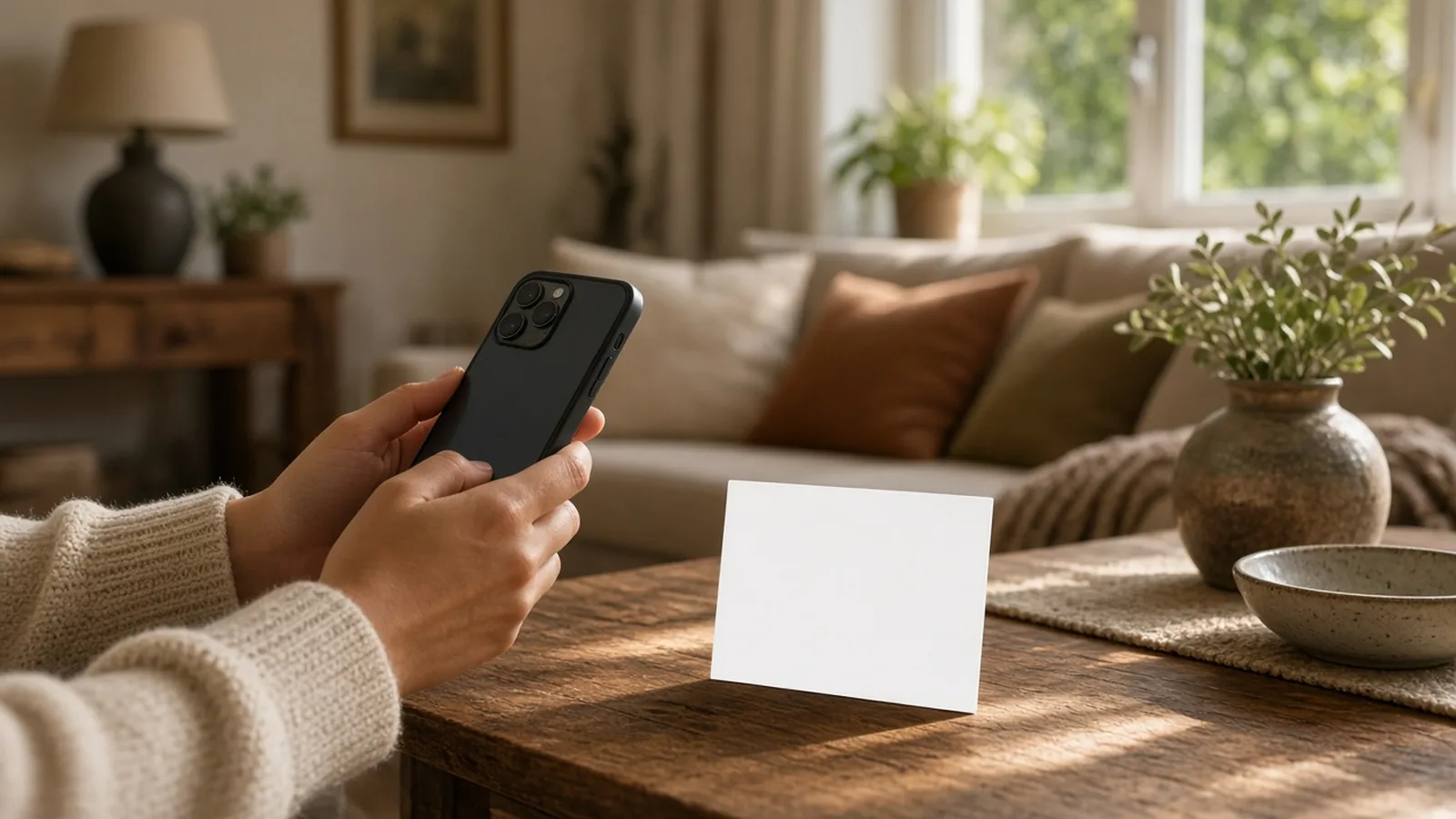 Hands holding a smartphone toward a small blank card standing on a wooden coffee table in a warm living room