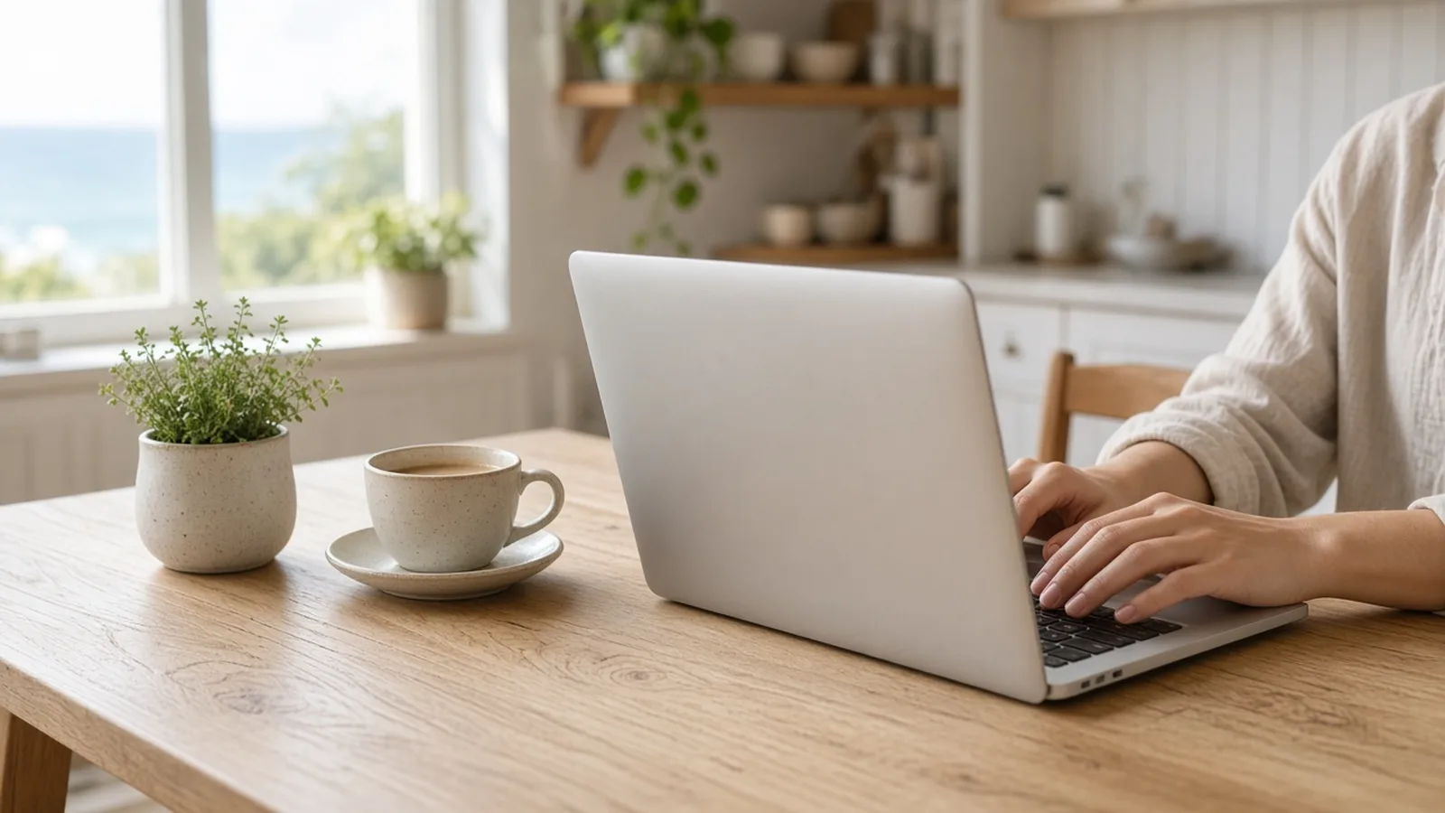 Hands typing on a laptop at a light wood table in a bright coastal kitchen, with a coffee cup and small potted herb