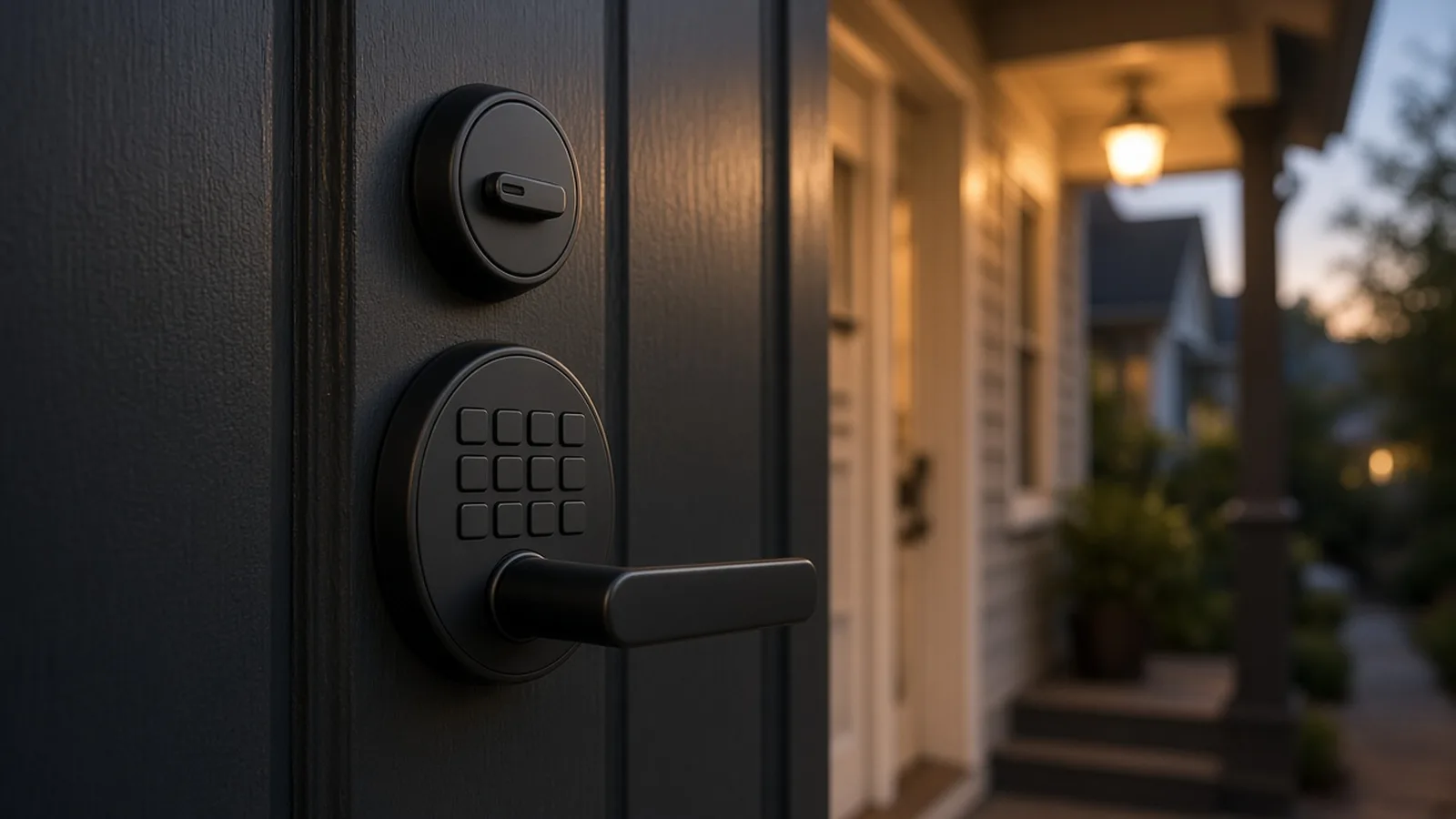 Close-up of a matte black keypad deadbolt and lever handle on a dark front door at dusk, porch light glowing