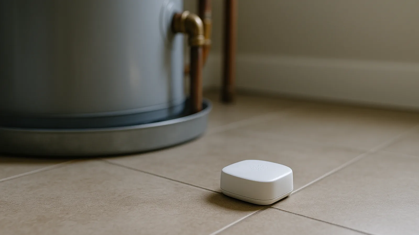 A small water leak sensor on a floor beside a water heater