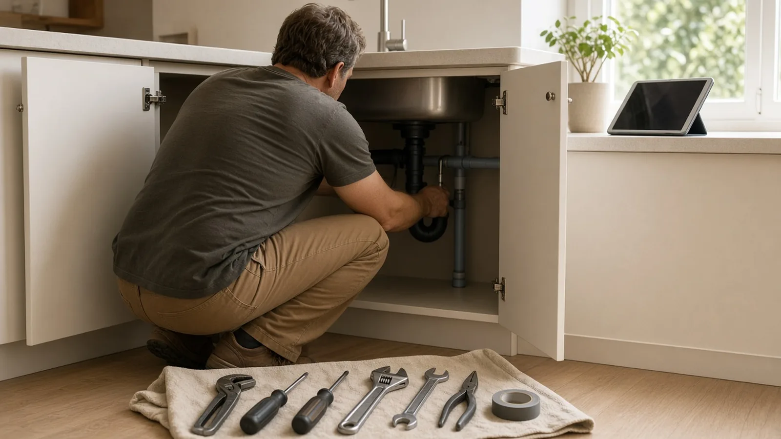 Handyman crouched under an open kitchen sink fixing pipes, with tools laid out on a towel and a tablet on the counter