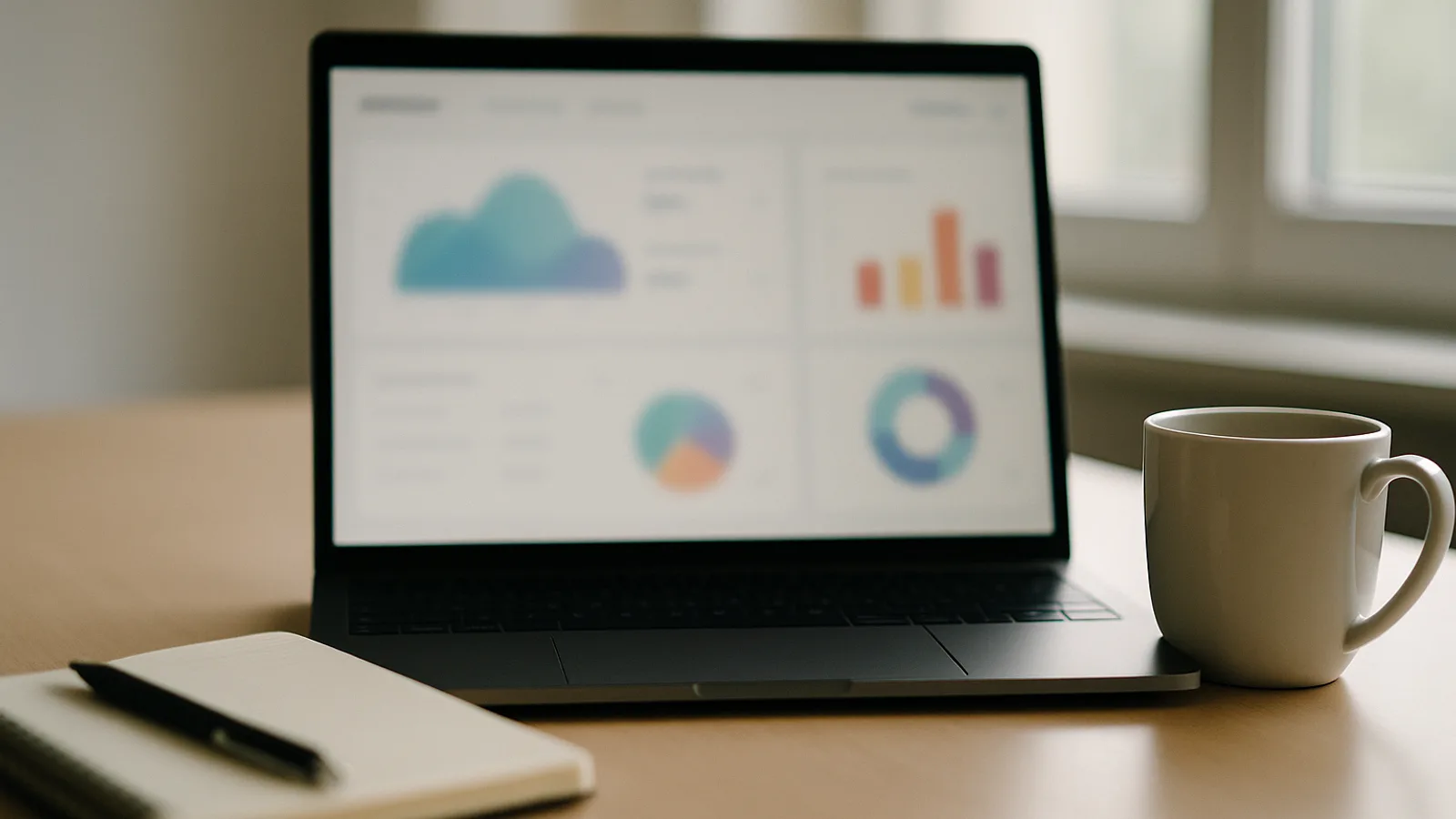 A laptop on a desk showing a blurred analytics dashboard beside a notebook and coffee