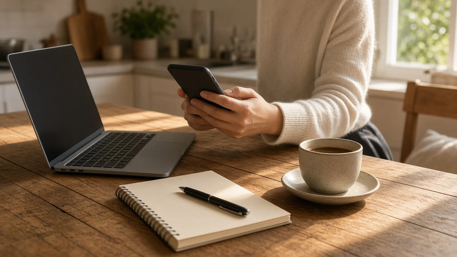 Hands holding a phone at a sunlit wooden kitchen table beside an open laptop, notebook with pen, and coffee cup