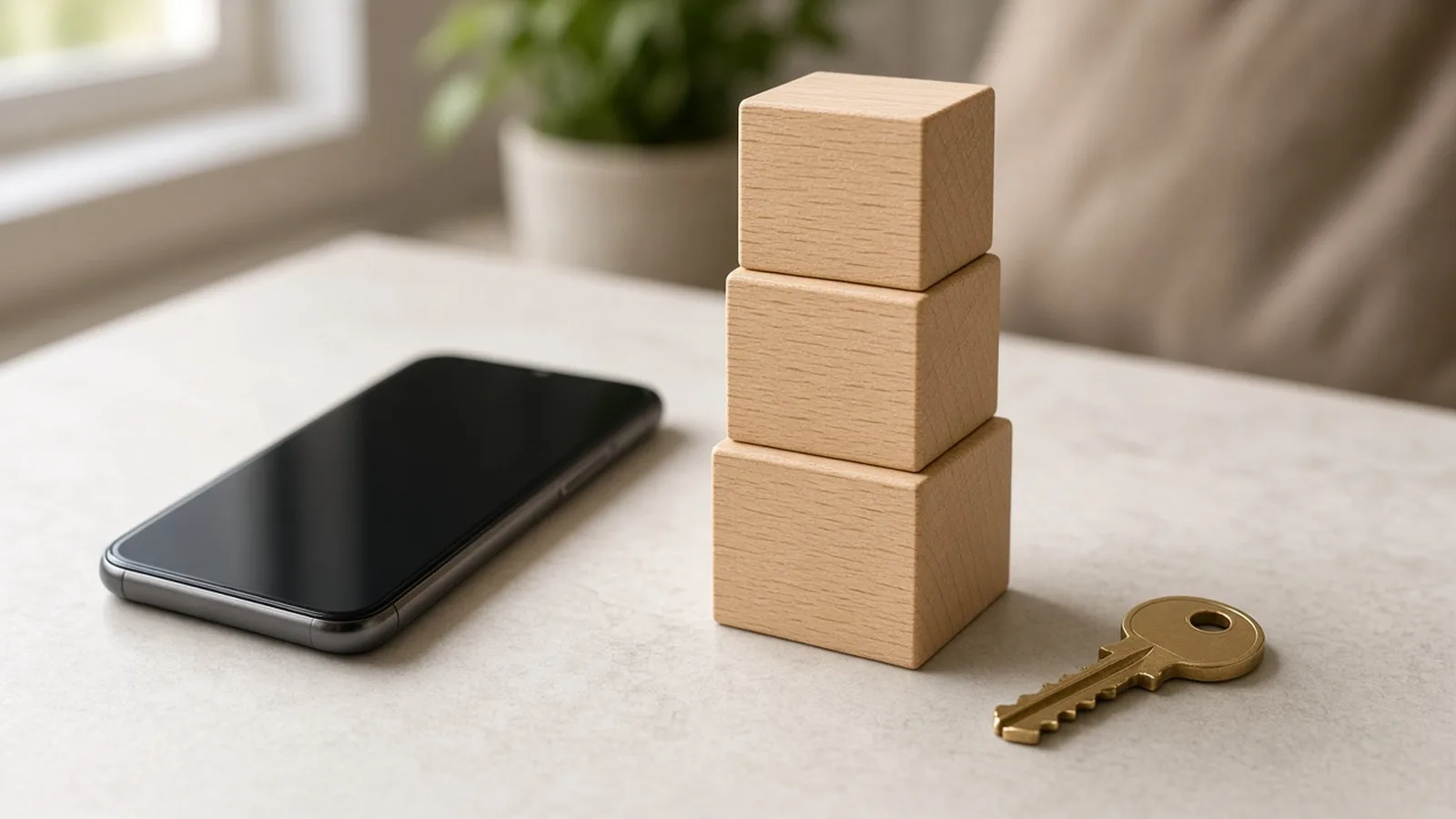 Three stacked wooden blocks beside a smartphone and a brass house key on a pale desk