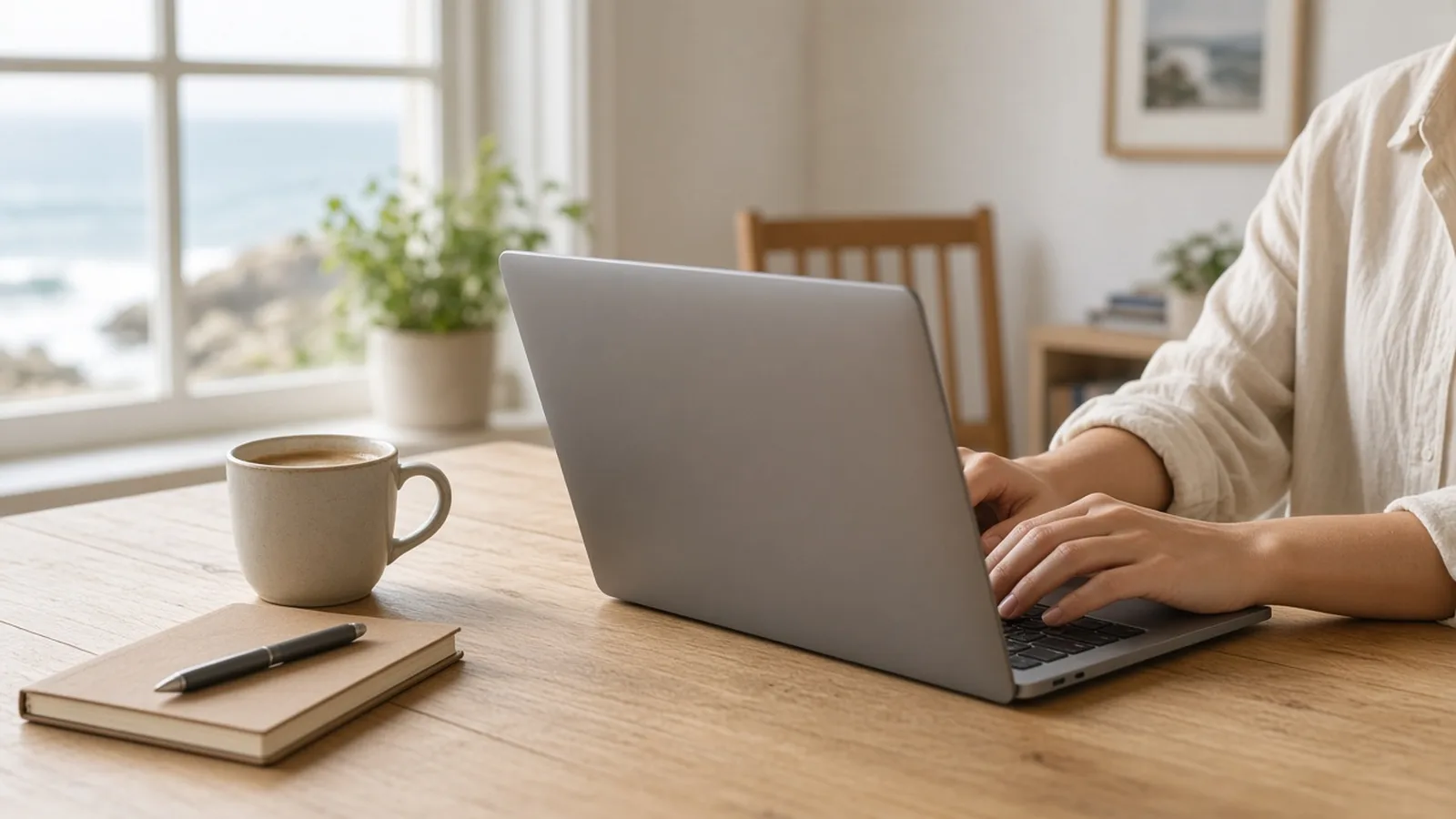 Hands typing on a laptop at a wooden desk by a window overlooking the sea, with a mug and notebook