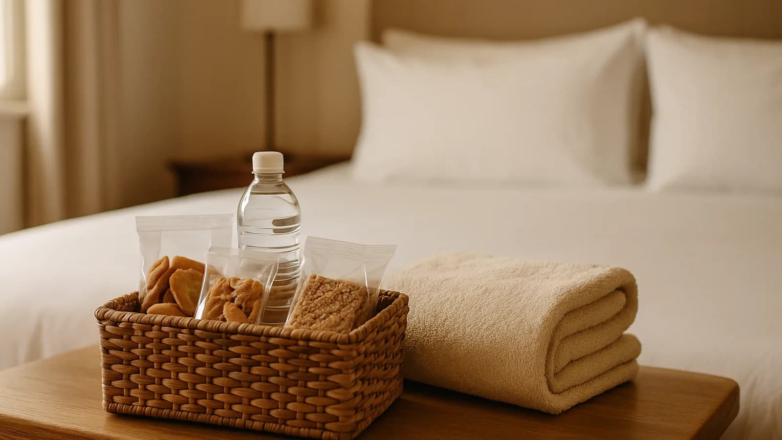 A welcome basket with snacks and a folded towel on a vacation-rental bed