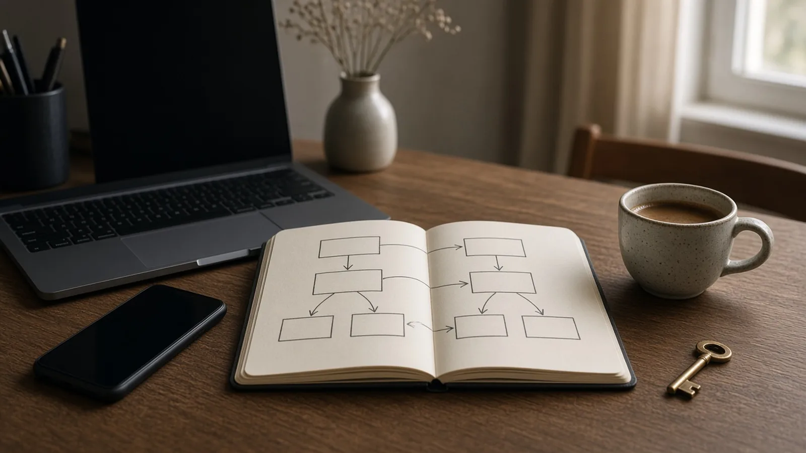 Open notebook with a hand-drawn flowchart of boxes and arrows, beside a laptop, phone, coffee cup and small brass key