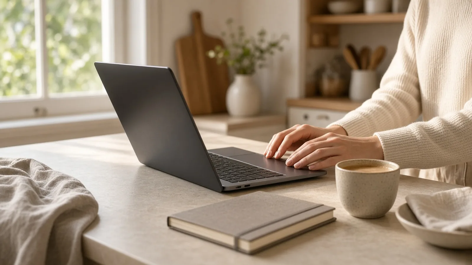 Hands on a laptop at a bright kitchen counter with a notebook and a cup of coffee