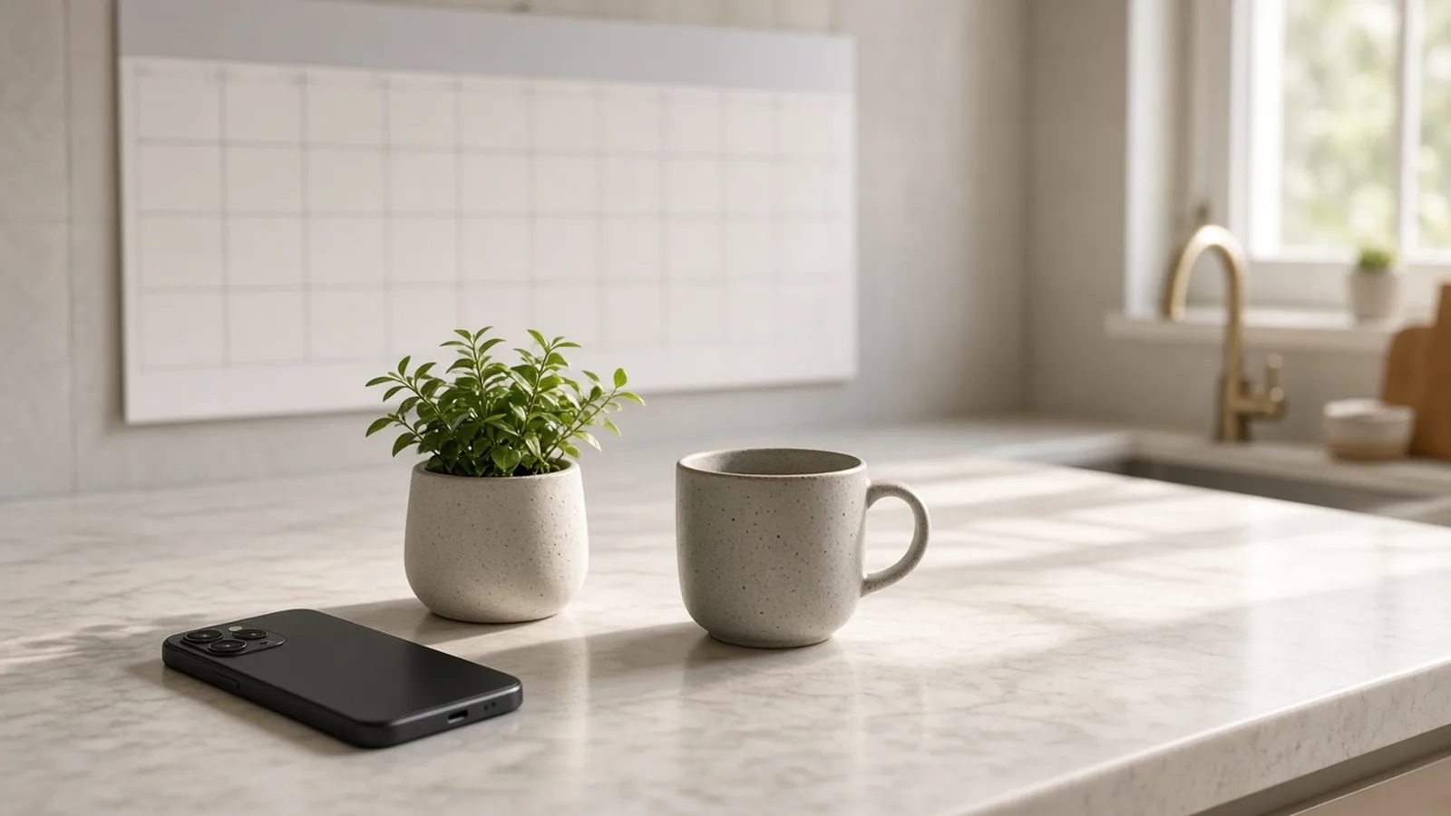 Kitchen counter with a phone lying face down, a small plant and a mug, a blank wall calendar grid behind