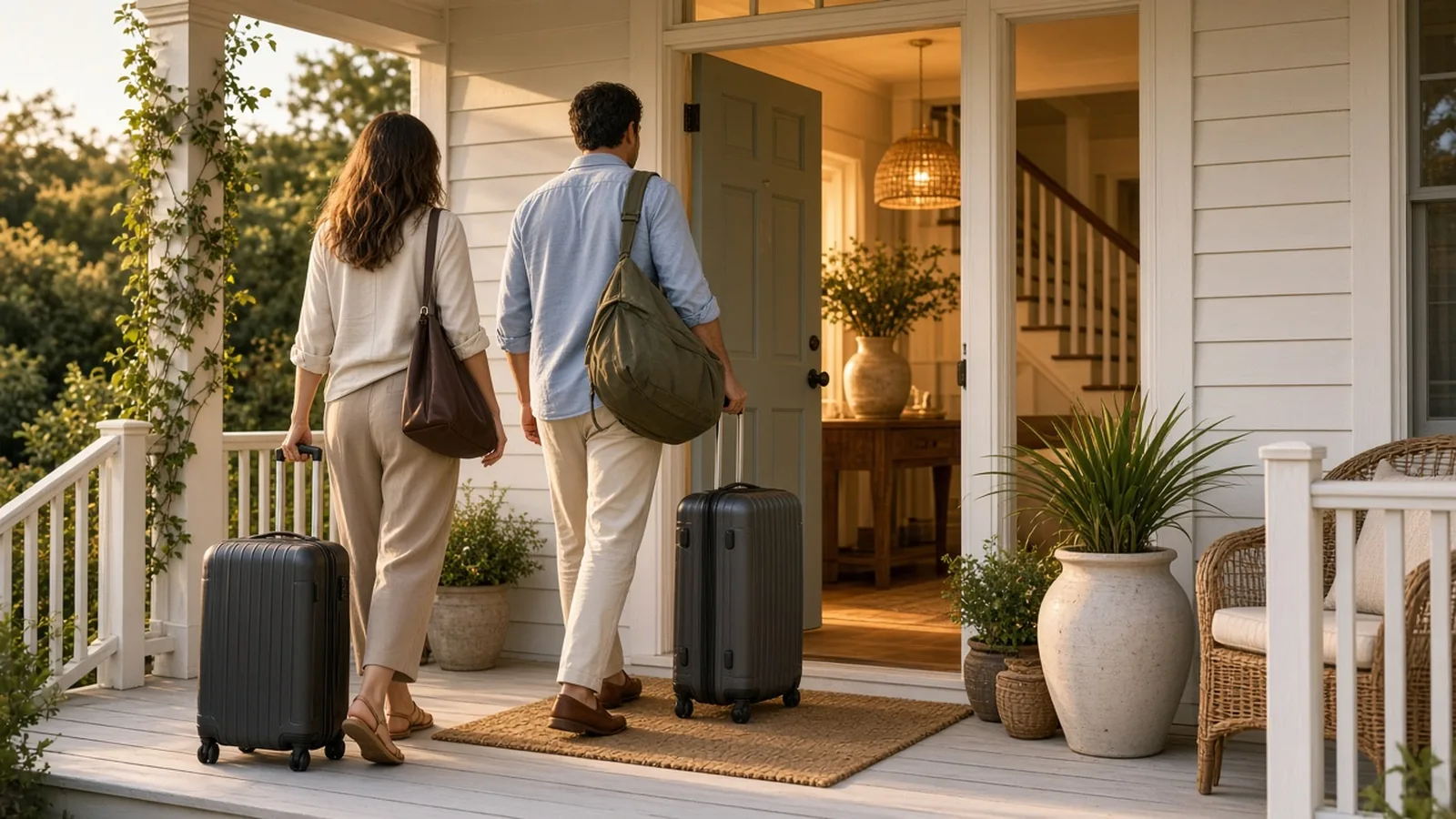 Two guests with rolling suitcases walking onto the porch of a white coastal house toward its open front door at golden hour